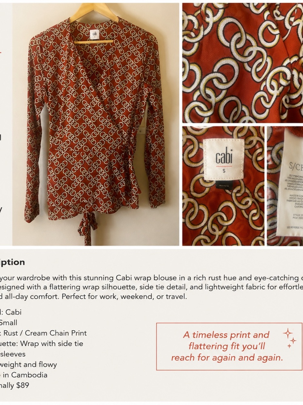 Cabi Ringleader Wrap Top #3951 – Size Small